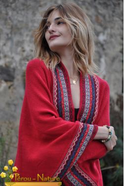 Cape femme rouge indien en laine d'alpaga